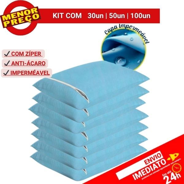 Kit com 30 50 ou 100 Capa Travesseiro Impermeável Zíper Antiácaro Hotel Pousada Hospital Lavável