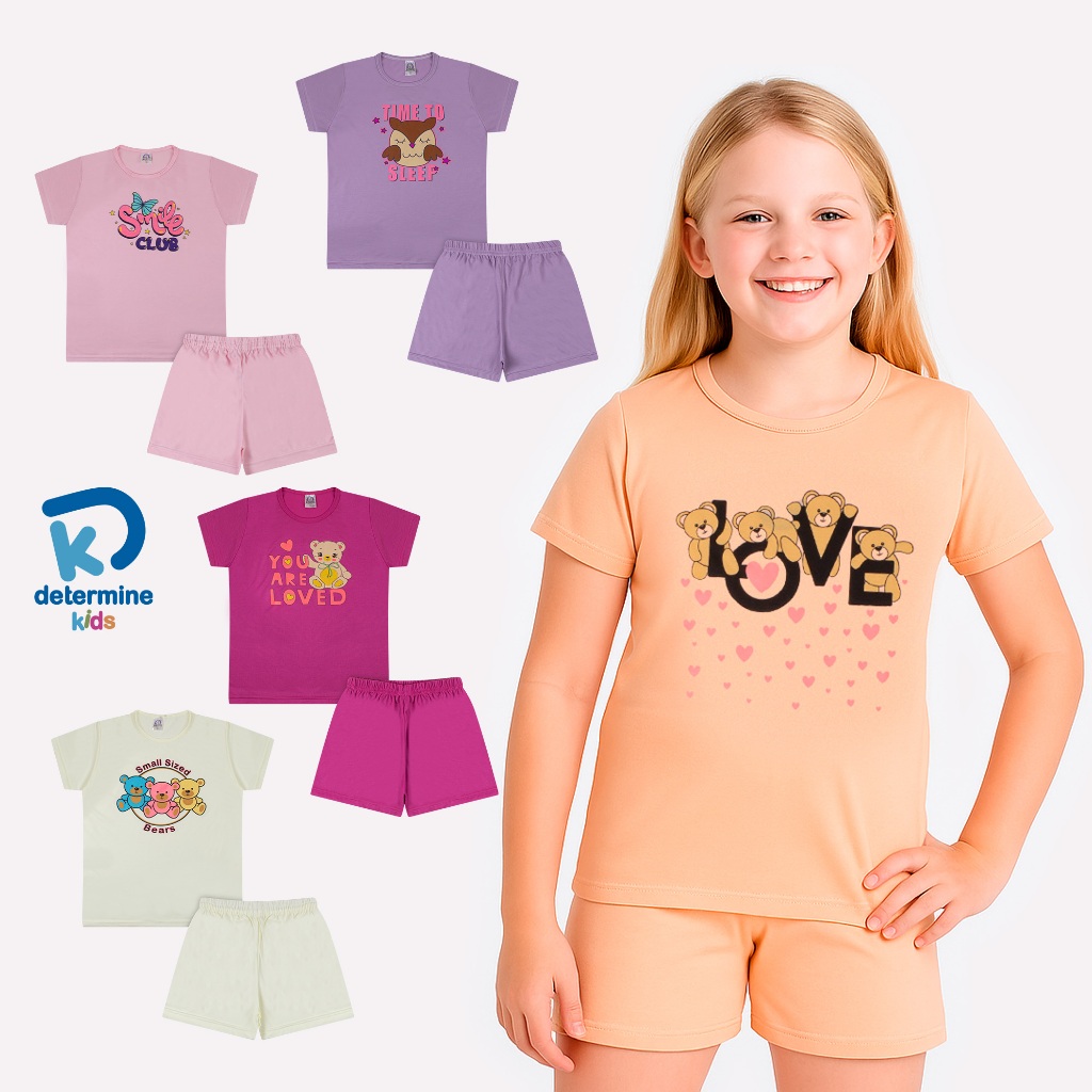 Kit 4 Peças Sortido Conjunto Pijama Infantil Menina 2 Camisetas + 2Bermudas Brilha No Escuro Menina Verão