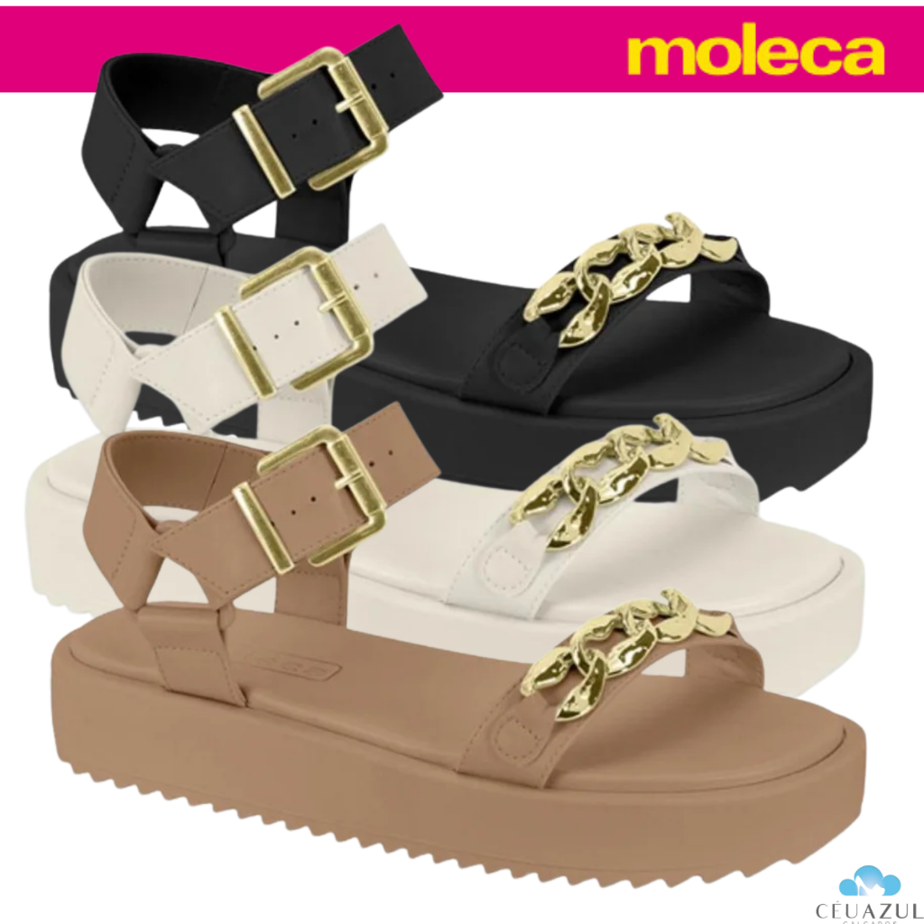 Sandália Feminina Moleca Corrente Dourada Plataforma Estilo Confortável em Oferta na Shopee