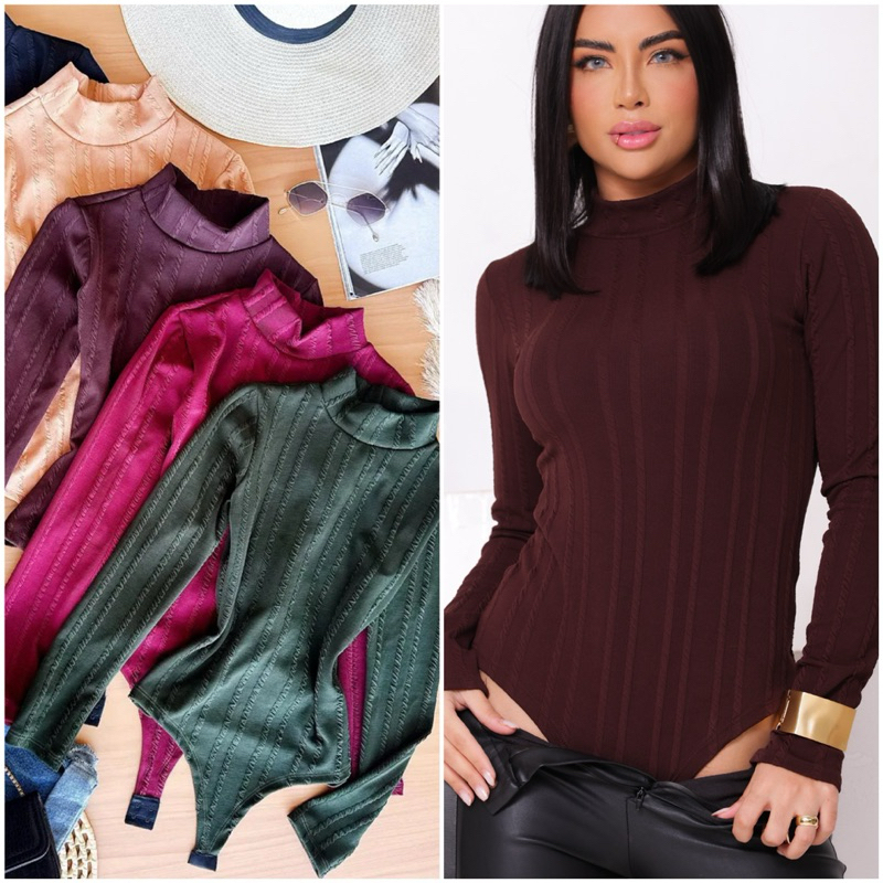 BODY FEMENINO MODA GRINGA BÁSICO E ESTILOSO TENDENCIA COM MANGA LONGA E GOLA ALTA RIVANA em Oferta na Shopee