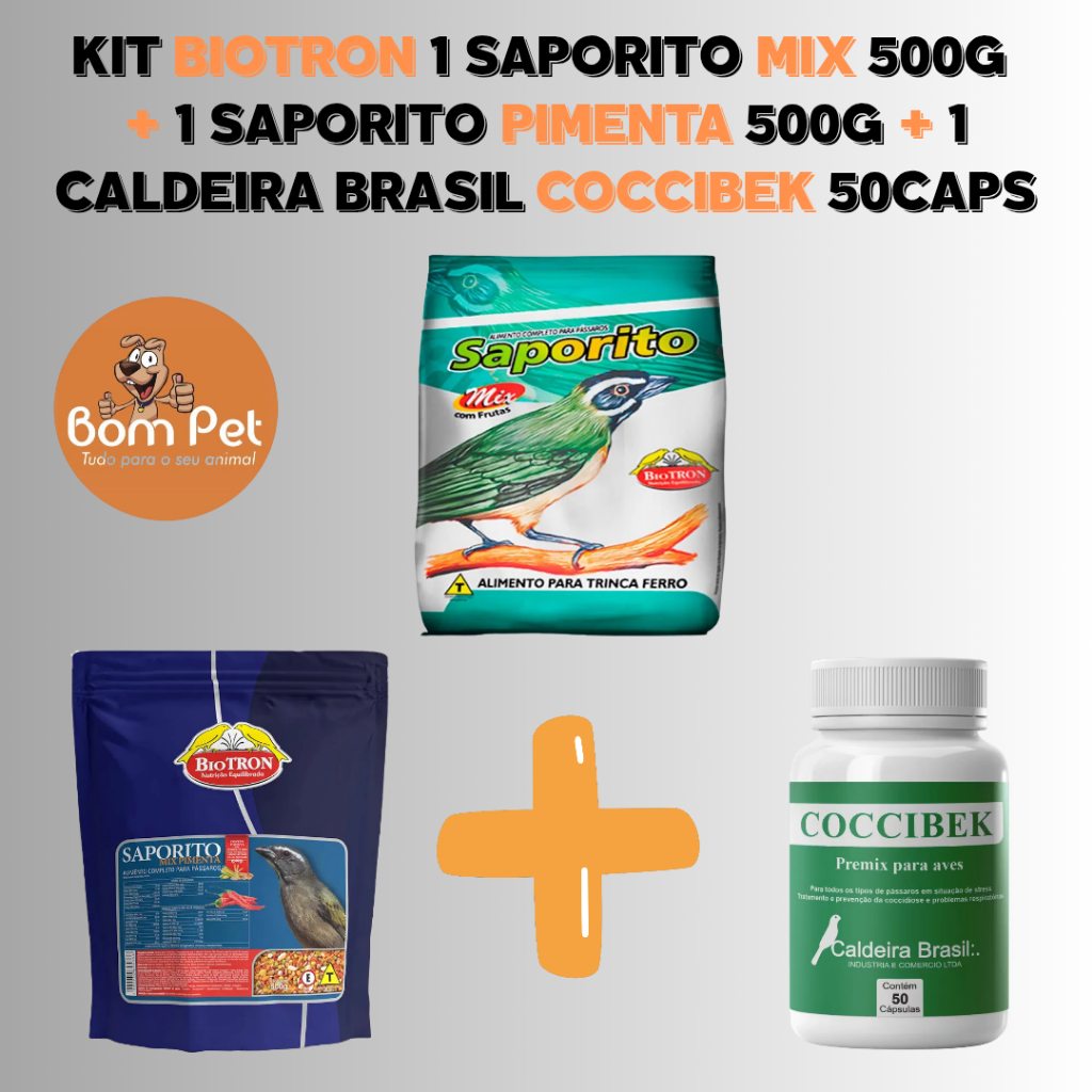 Kit 1 Biotron Saporito Mix 500g + 1 Biotron Saporito Pimenta 500g + 1 Caldeira Brasil Coccibek 50 caps