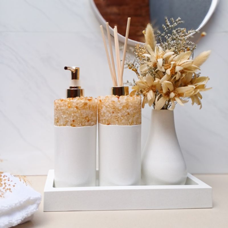 Kit Lavabo Luxo Banheiro Cristal Citrino com Bandeja Saboneteira Difusor Pedras Naturais