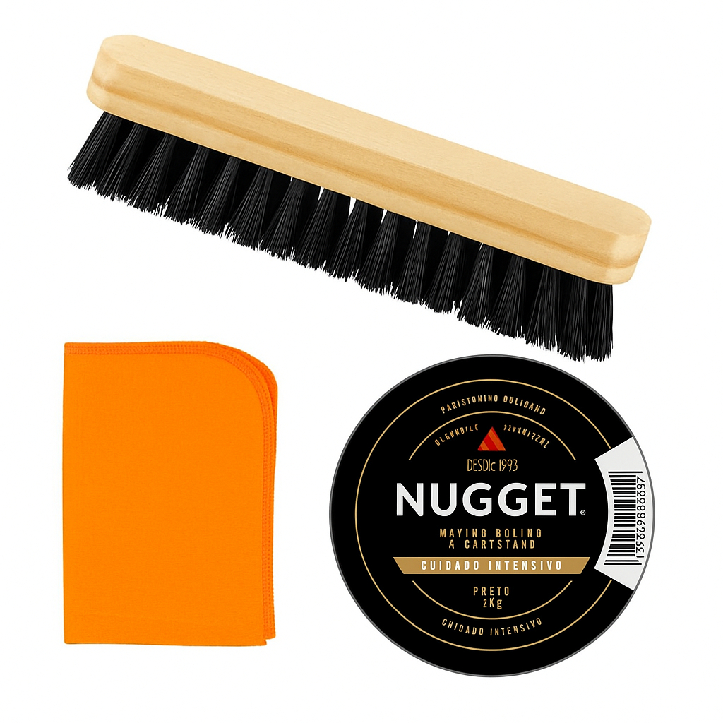 Kit Nugget em Pasta Preta 35g + Escova de Sapato + Flanela