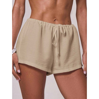 Shorts de Praia de Algodão Cintura Alta, Shorts de Lazer com Elástico de Cordão Verão, Roupa de Férias e Resort