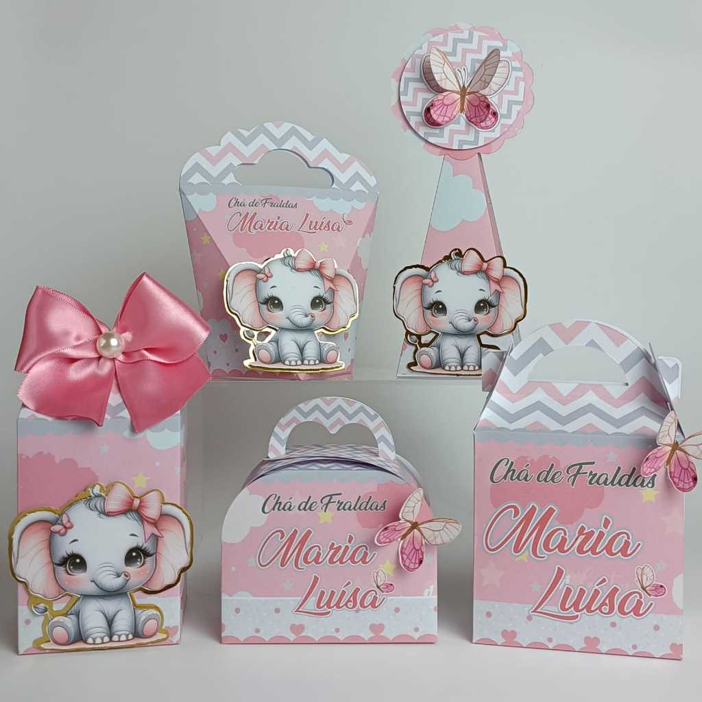 Kit Lembrancinhas de Festa Personalizada Caixinha 5 modelos  PEGUE E MONTE Elefantinha Baby Luxo Chá