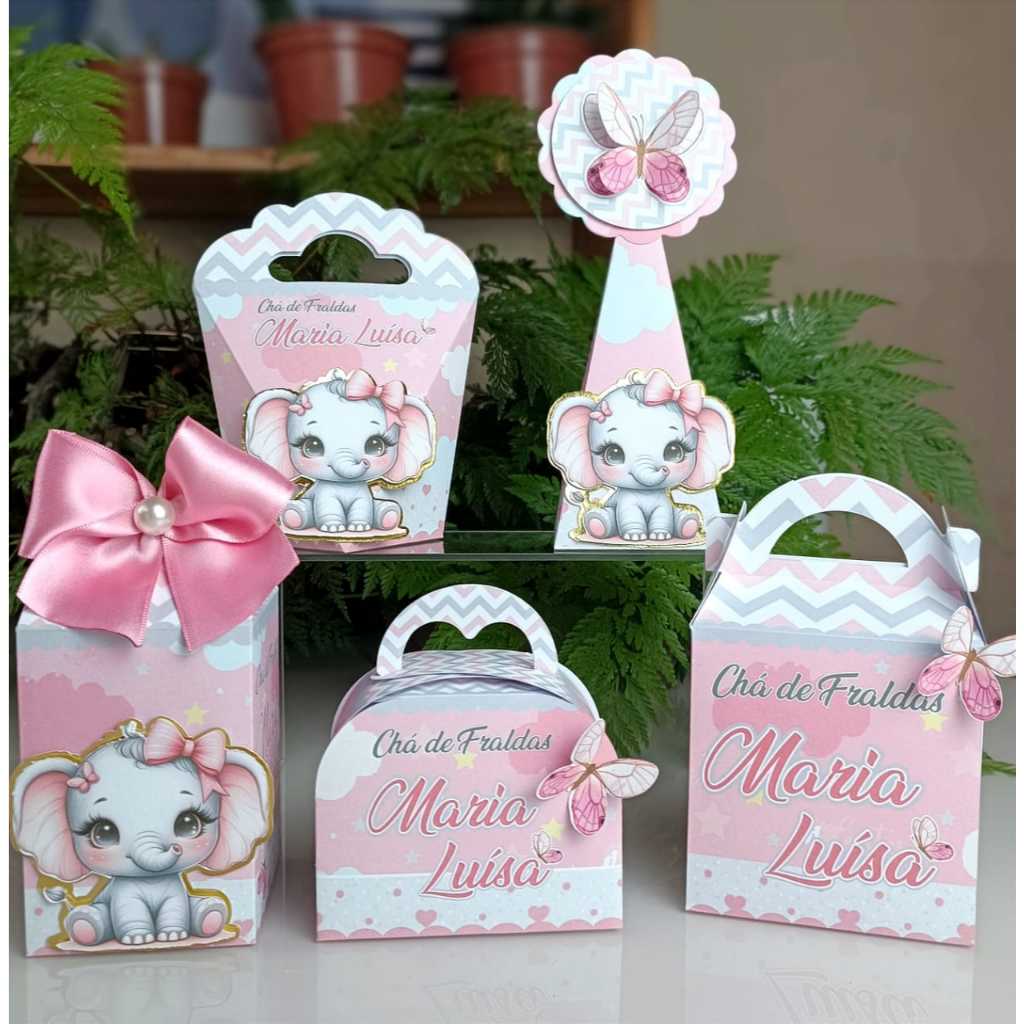Kit Lembrancinhas de Festa Personalizada Caixinha 5 modelos  PEGUE E MONTE Elefantinha Baby Luxo Chá
