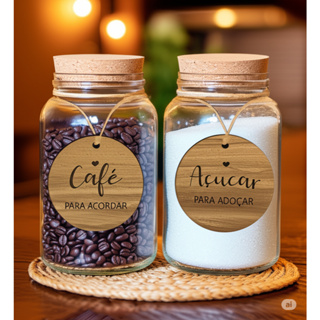 Kit Cantinho do Café + Açúcar | 2 potes de Vidro 600 ml + Tampa rolha cortiça + Tag| Pote Mantimento| em Oferta na Shopee