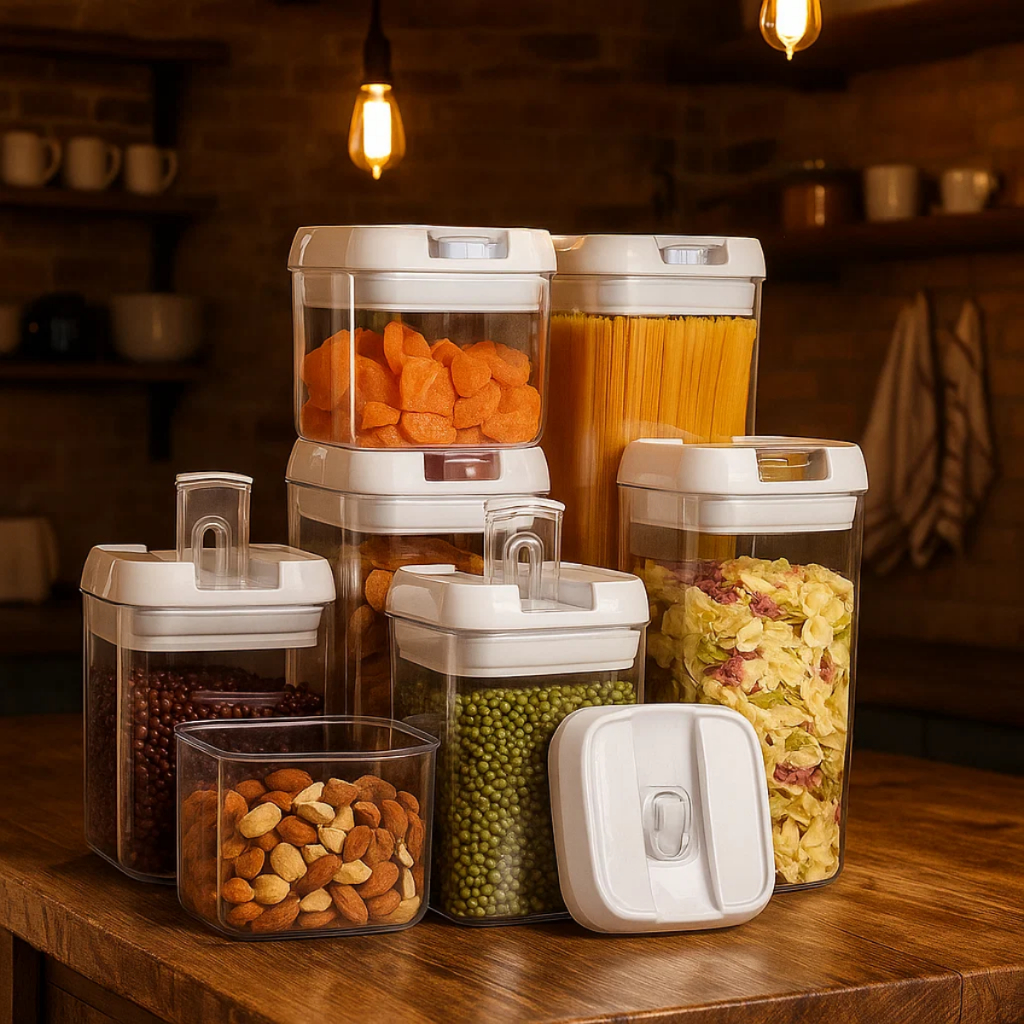 Kit 7 potes herméticos acrílico para cozinha organizador de mantimentos com trava resistente transparente diferente