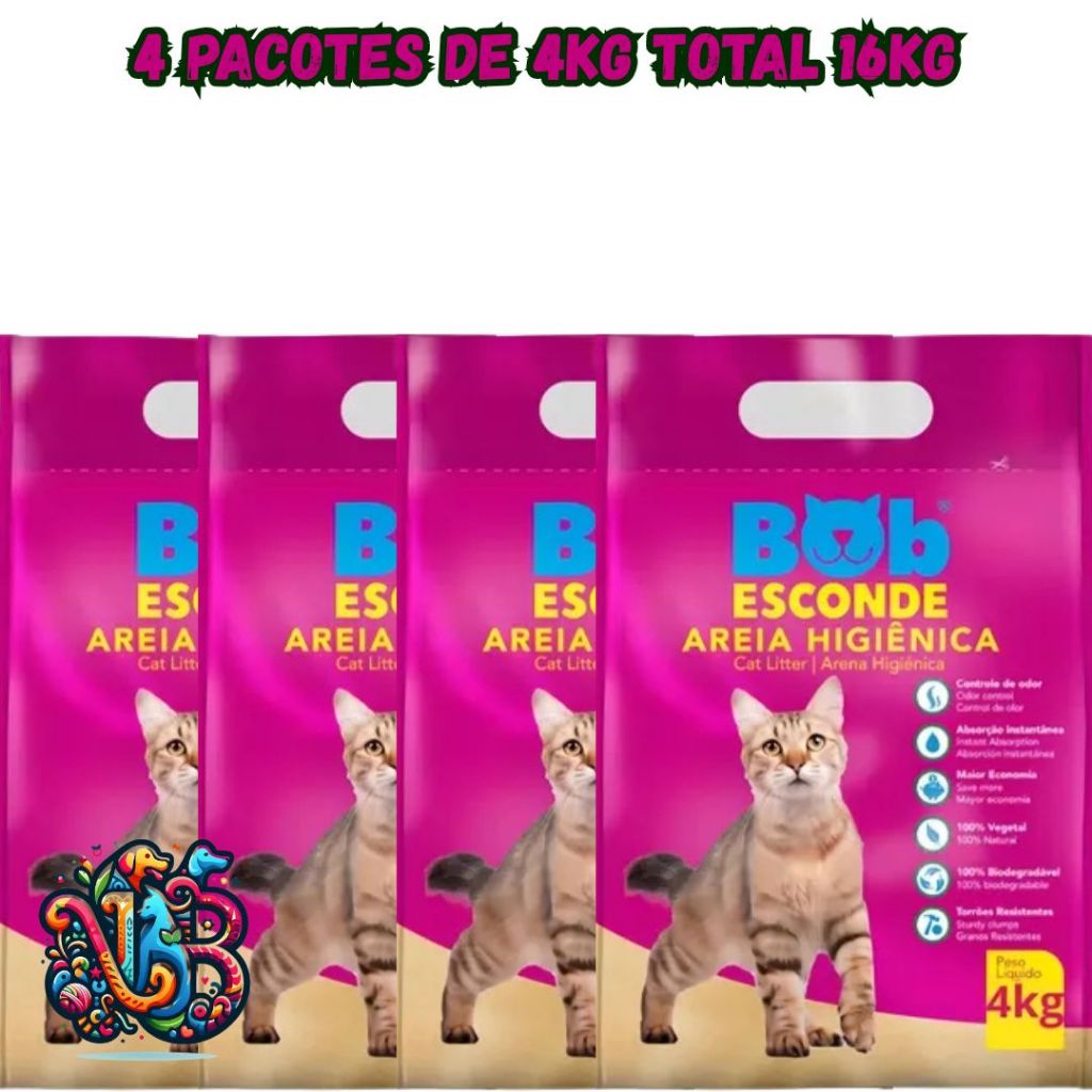 Kit 16kg Areia 100% Natural Biodegradável BOB ESCONDE Extrato Mandioca ALTO R...