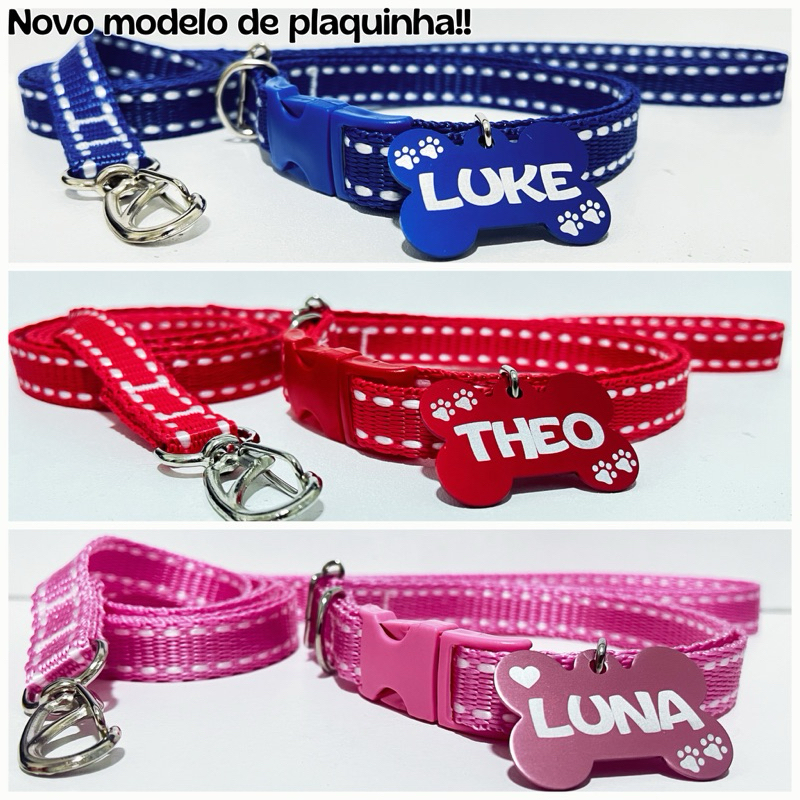 Coleira e guia para cachorro com plaquinha de identificação