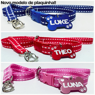 Coleira e guia para cachorro com plaquinha de identificação em Oferta na Shopee