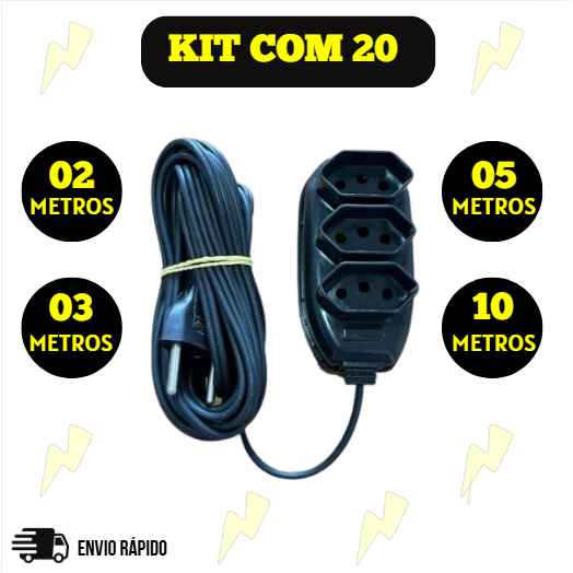 Kit com 10 ou 20 Extensão Tripolar Bivolt 2 3 5 E 10 Metros (10A - Cor Preta -110/220V - 03 tomadas)