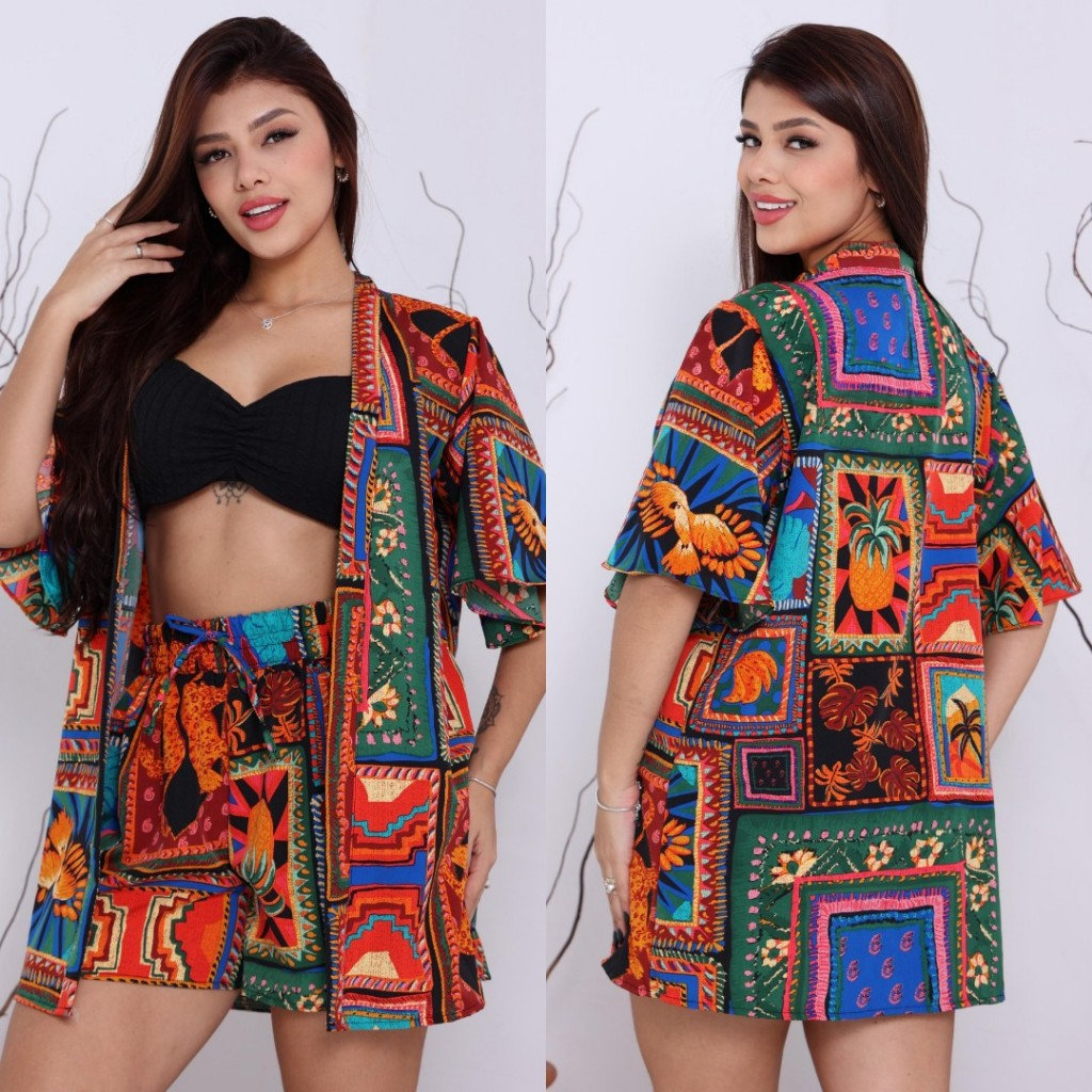 conjunto feminino casual elegante kimono + short lançamento 2026 em Oferta na Shopee