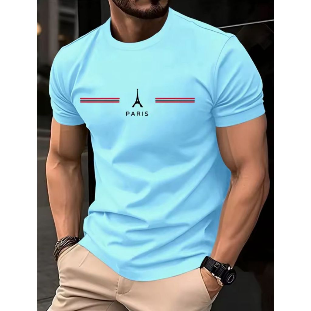 Camiseta Masculina 100% Algodão Paris Torre Listras Camisa Casual Manga Curta Várias Cores