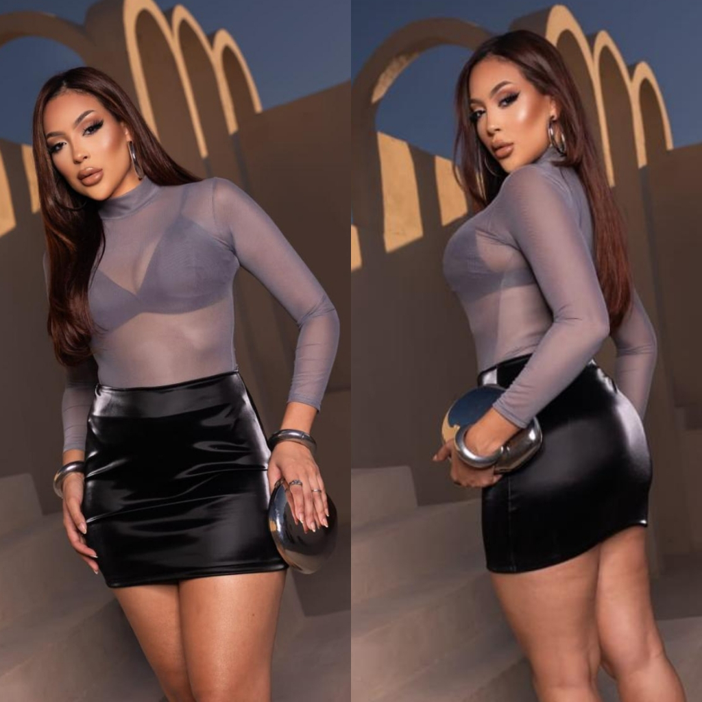 Body Feminino Tule Cinza Transparente Manga Comprida Moda Inverno Balada Festa