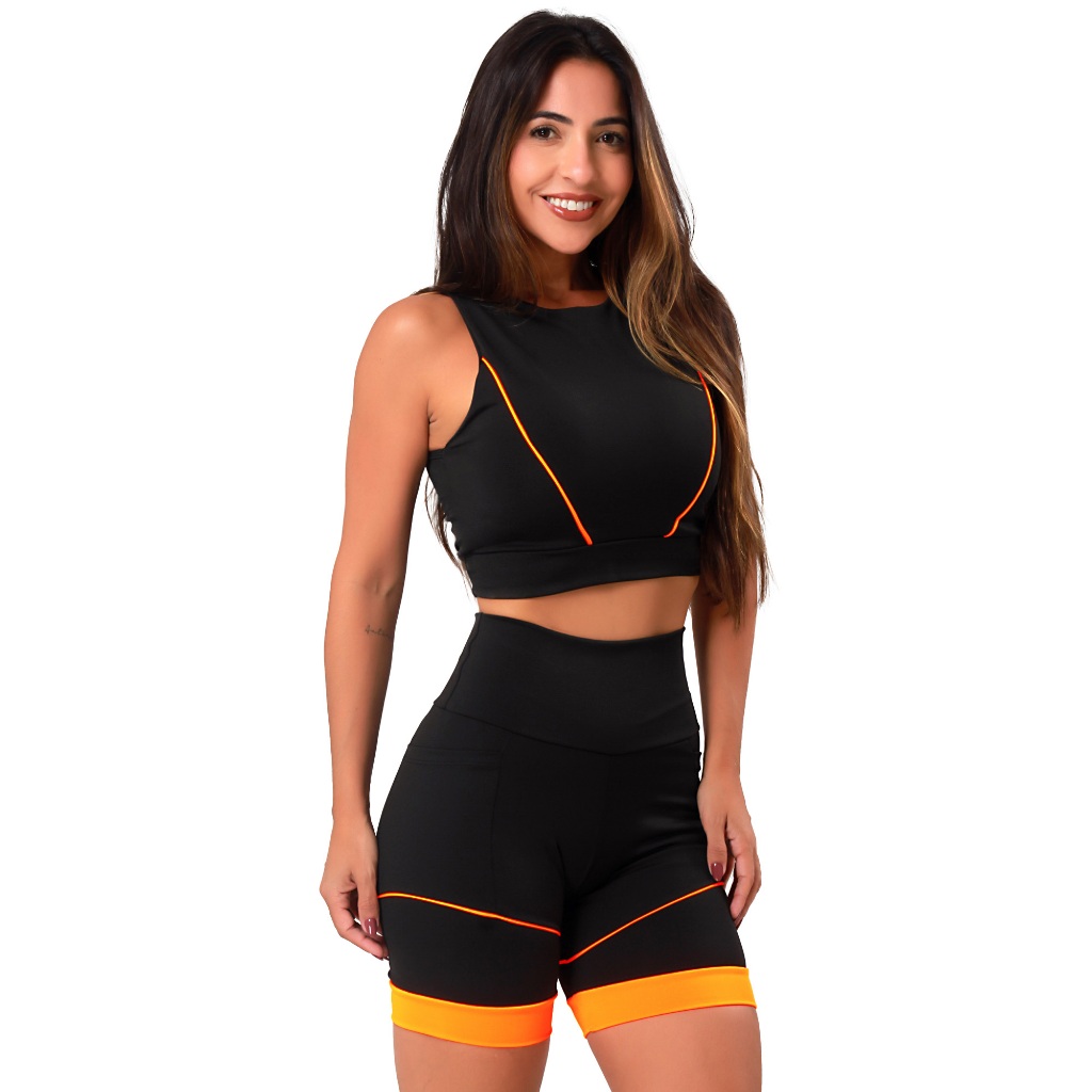 Conjunto Academia Feminino Fitness Top Compressão e Bermuda Cintura Alta Com Bolsos Laterais