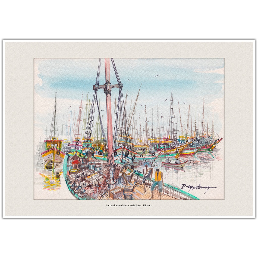 Ancoradouro e Mercado de Peixe - Ubatuba | Arte Aquarela para Quadro Decorativo | Decoração A4