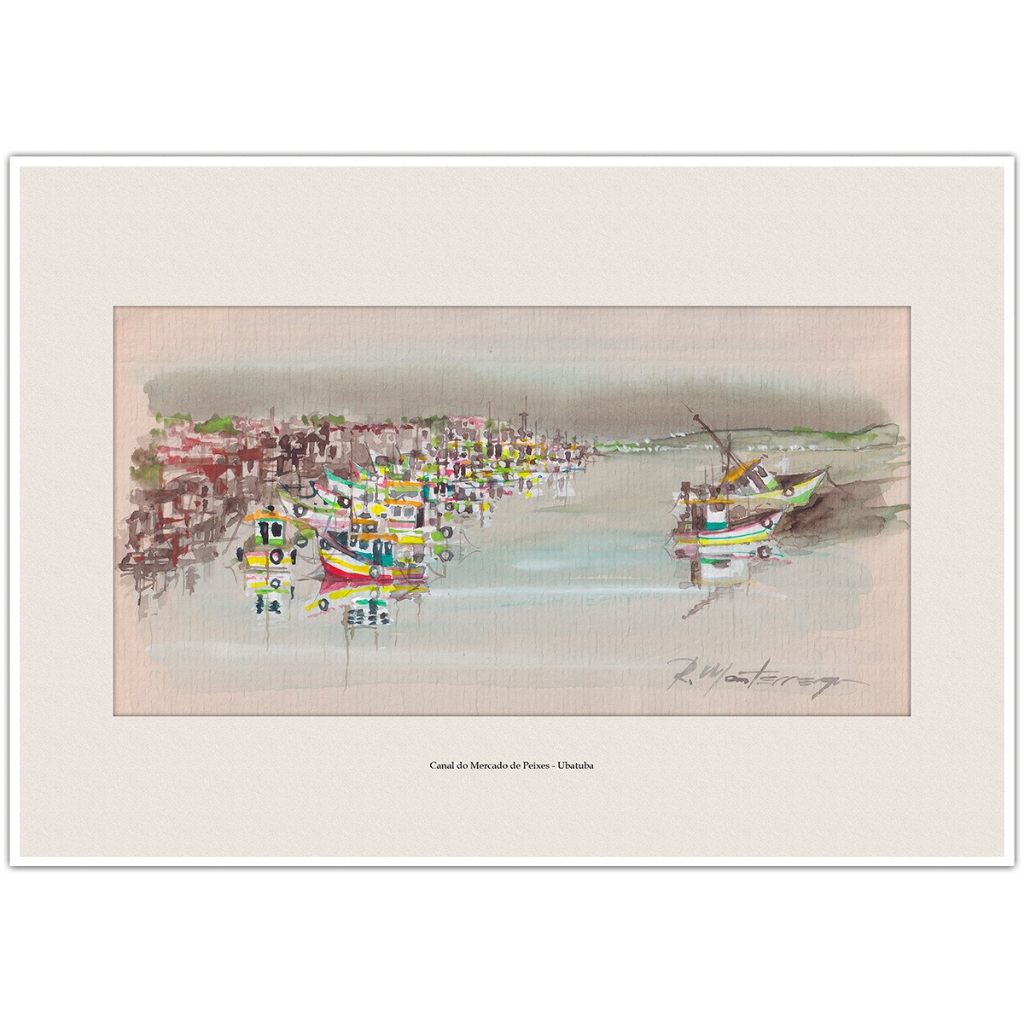 Canal do Mercado de Peixes de Ubatuba | Arte Aquarela para Quadro Decorativo | A4