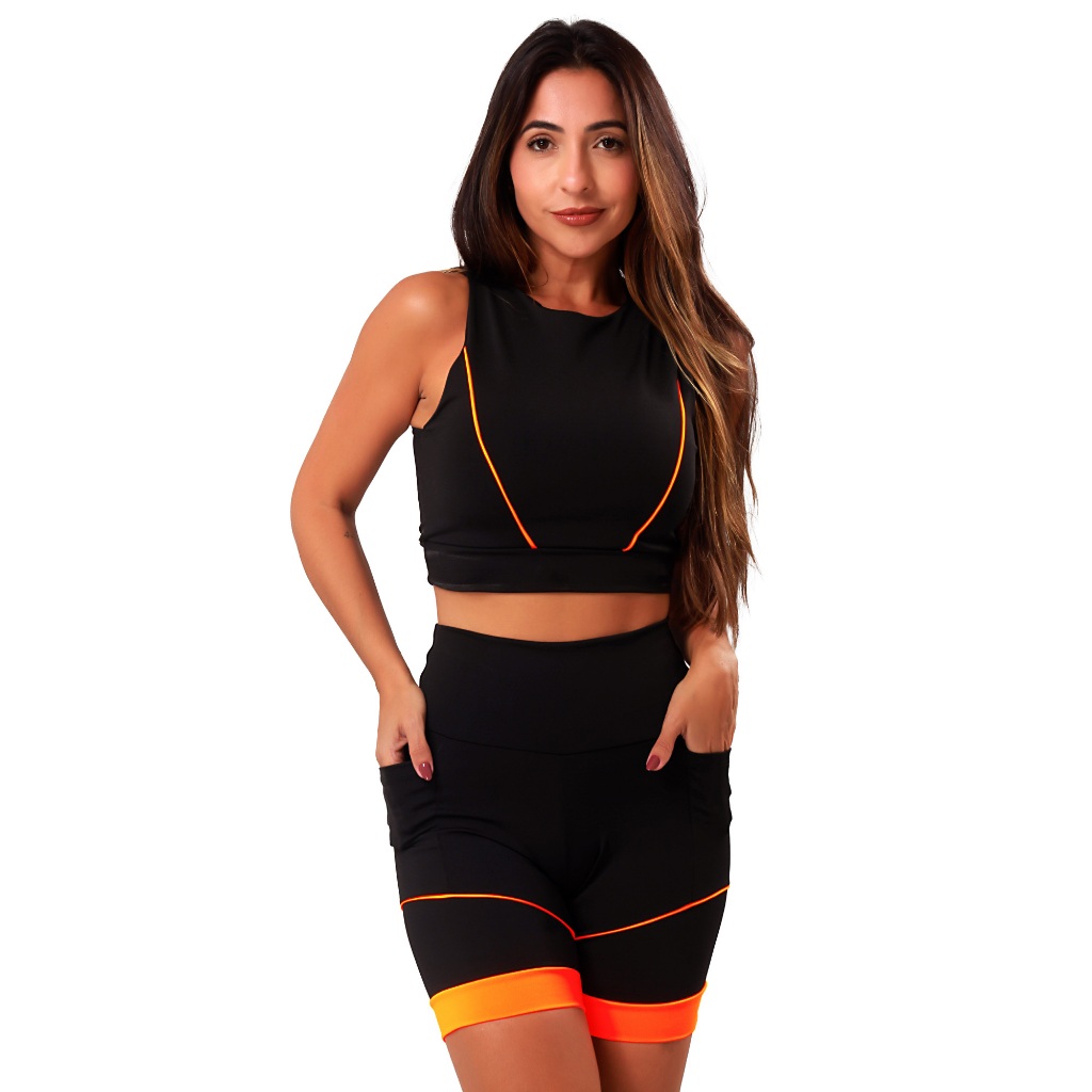 Conjunto Academia Feminino Fitness Top Compressão e Bermuda Cintura Alta Com Bolsos Laterais