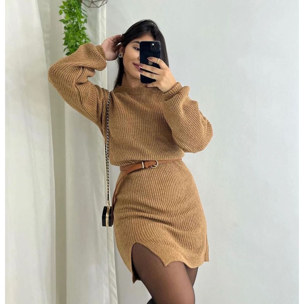 Vestido Mousse Midi Tricot Inverno Premium Tendência com Fenda na Lateral Frio Moda Feminina — imagem 2 de 2