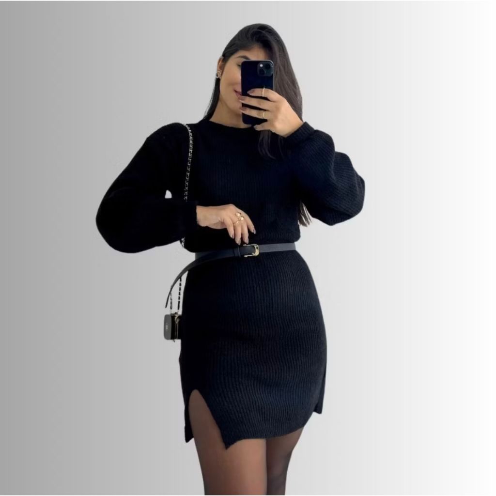 Vestido Mousse Midi Tricot Inverno Premium  Tendência com Fenda na Lateral Frio Moda Feminina