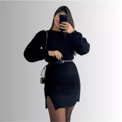 Vestido Mousse Midi Tricot Inverno Premium Tendência com Fenda na Lateral Frio Moda Feminina