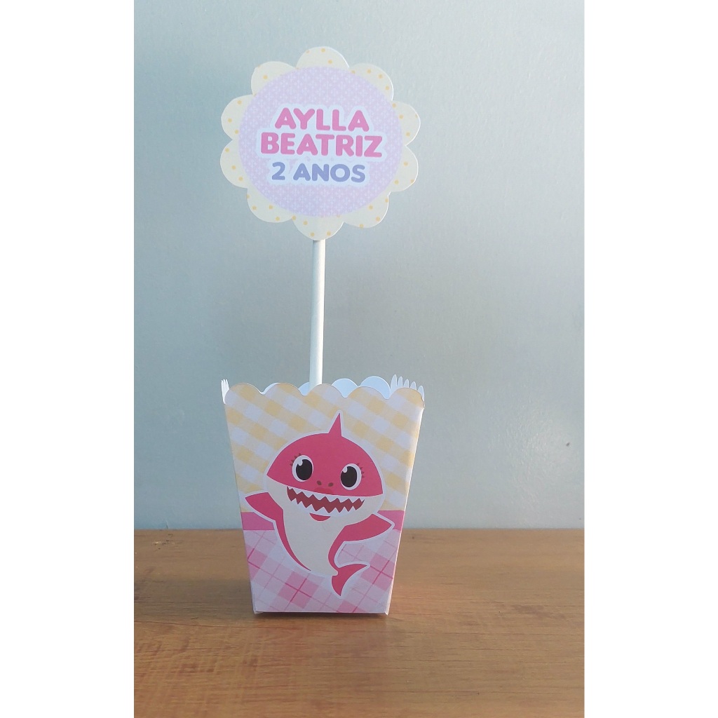 kit de Centro de Mesa Personalizado Caixa Cachepot Baby Shark Rosa Cachepô Enfeite Arranjo