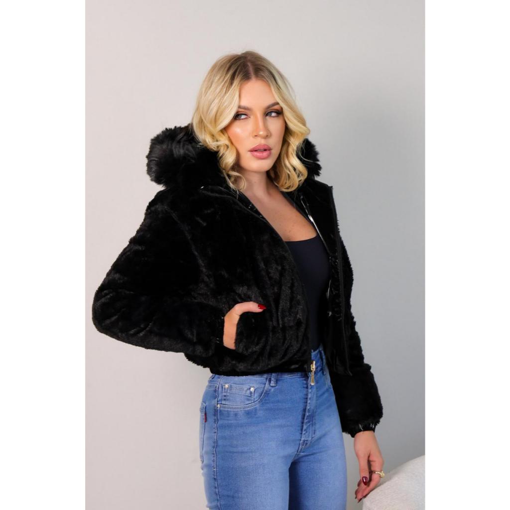 Jaqueta Puffer Dupla face feminina veste 2 lados  pelúciada nylon