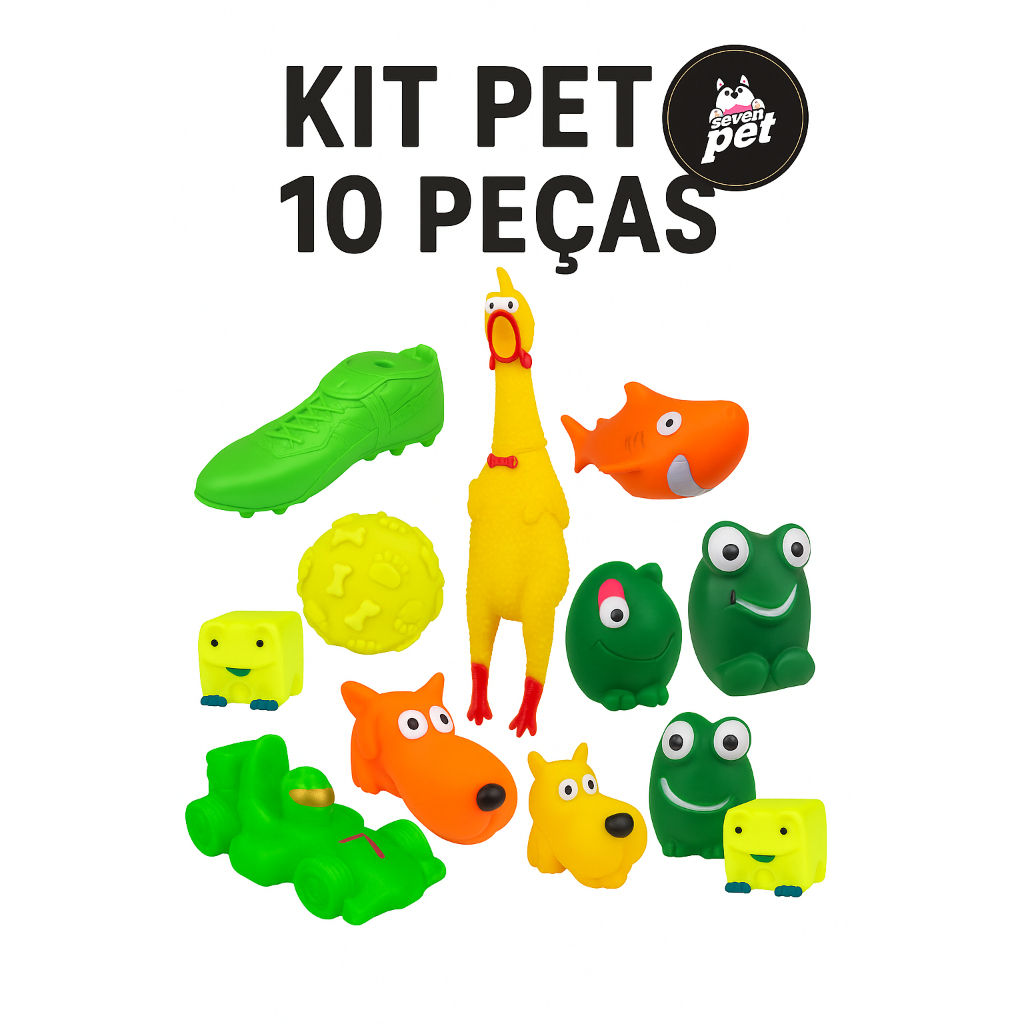 Kit Pet Seven Toys – 10 Brinquedos Sortidos Vinil 💥 Diversão garantida para seu pet com o Kit Seven Pet com 10 brinque
