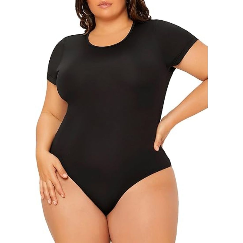 Body Bori Plus Size Curve Manga Curta Collant Liso Gola Canoa Careca em Oferta na Shopee