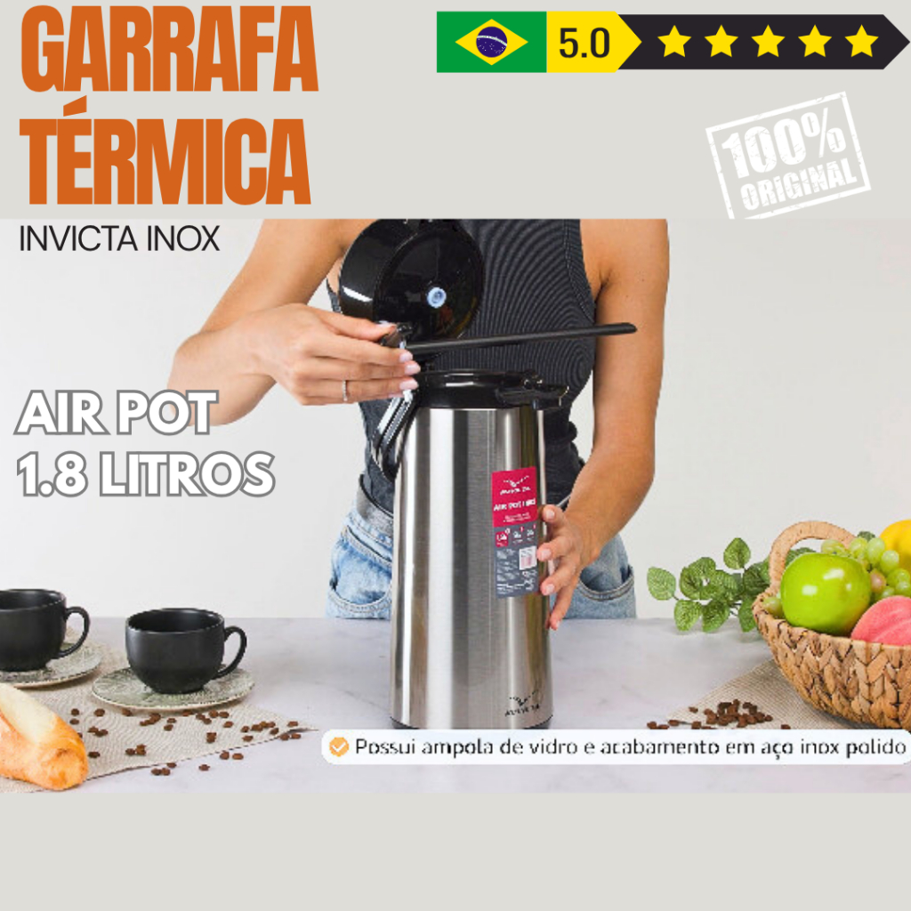 Garrafa Térmica Air Pot Inox 1,8L Invicta Inquebrável Profissional Alta Conservação