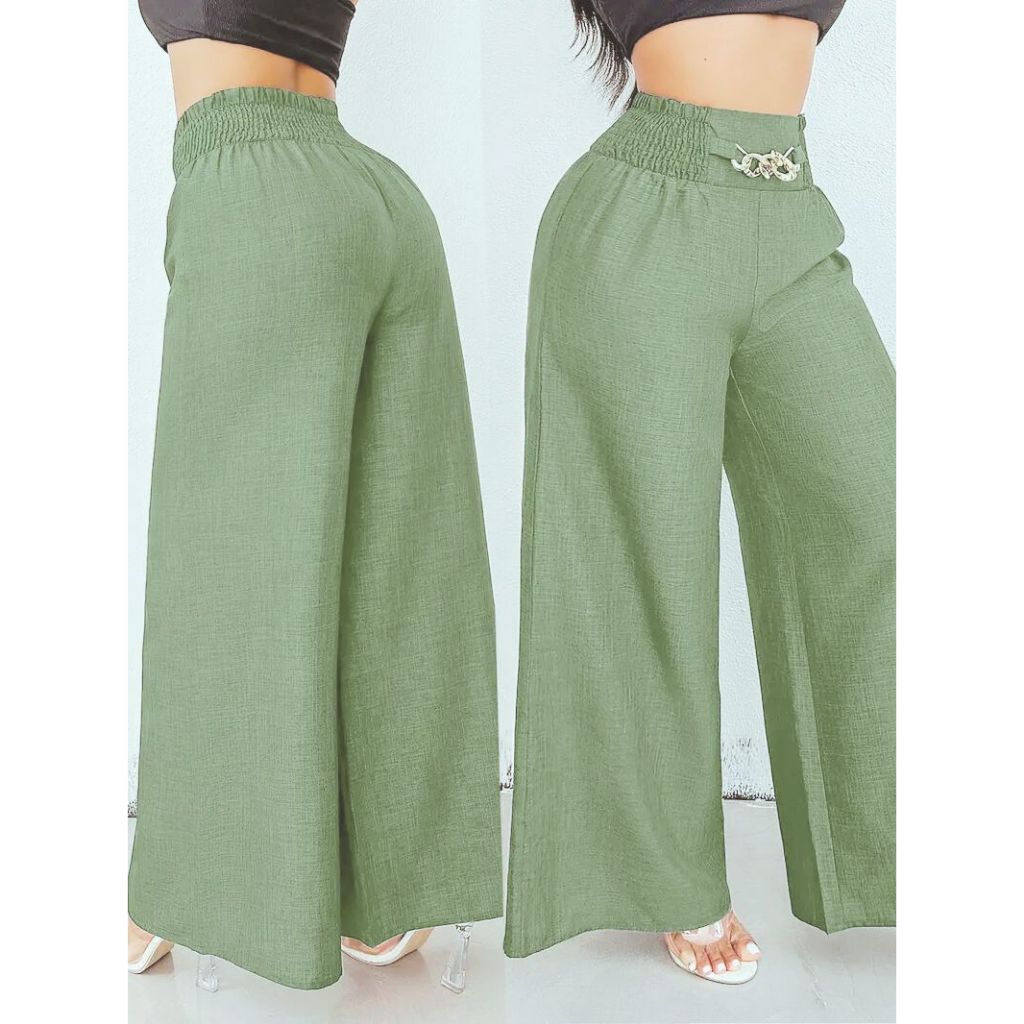 Pantalona Feminina Linho – Cintura Alta com Corrente Decorativa, Cinto Fake e Bolsos Laterais