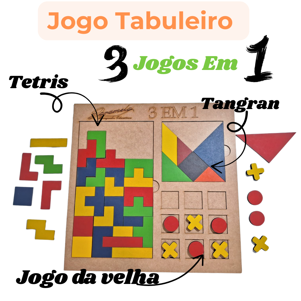 Tabuleiro Educativo 3 em 1 Tangram Jogo da Velha Tetris Infantil Jogo Didático Pedagógico Educativo