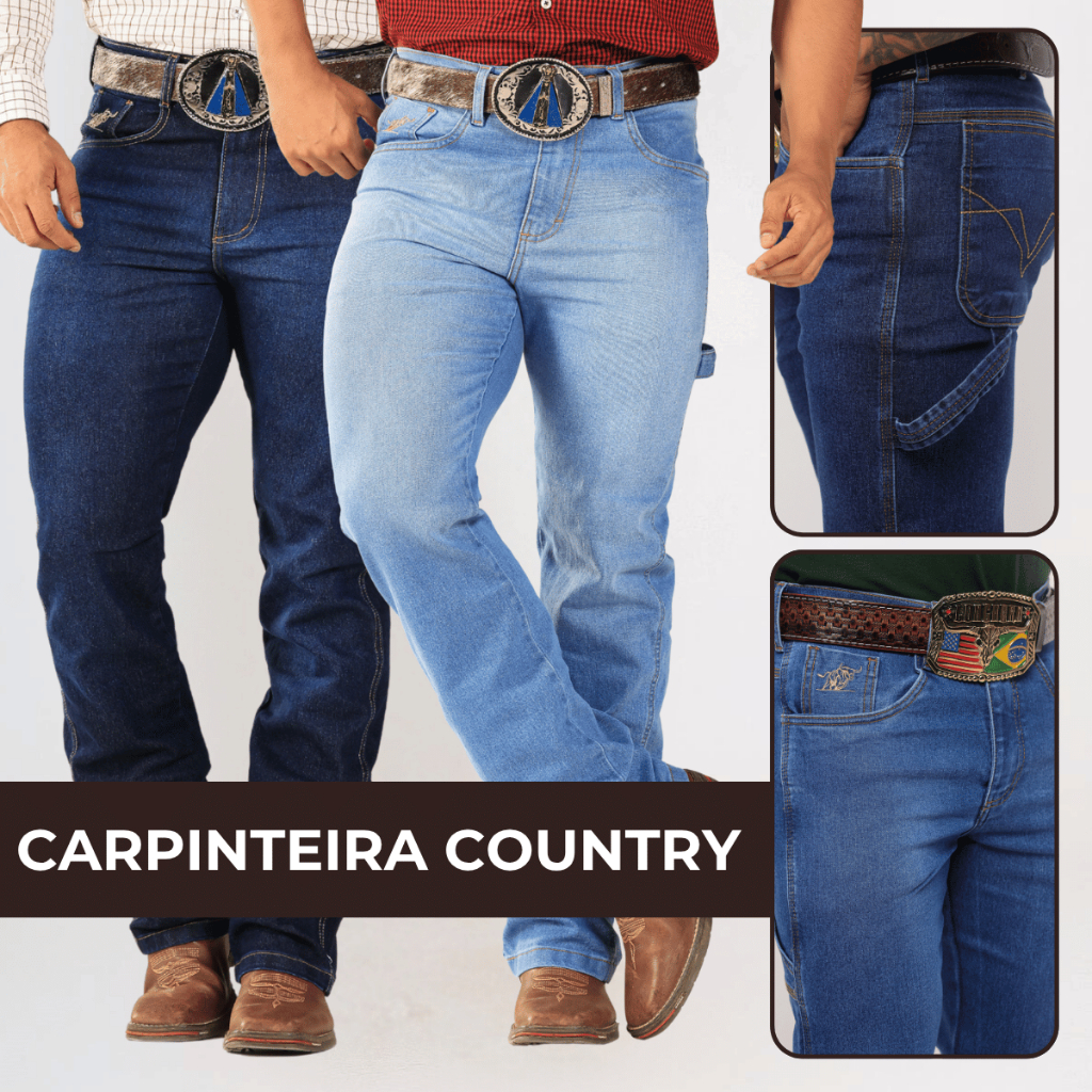 Calça Jeans Carpinteira Masculino Country Premium Rodeio com Elastano Texas Resistente Boiadeiro