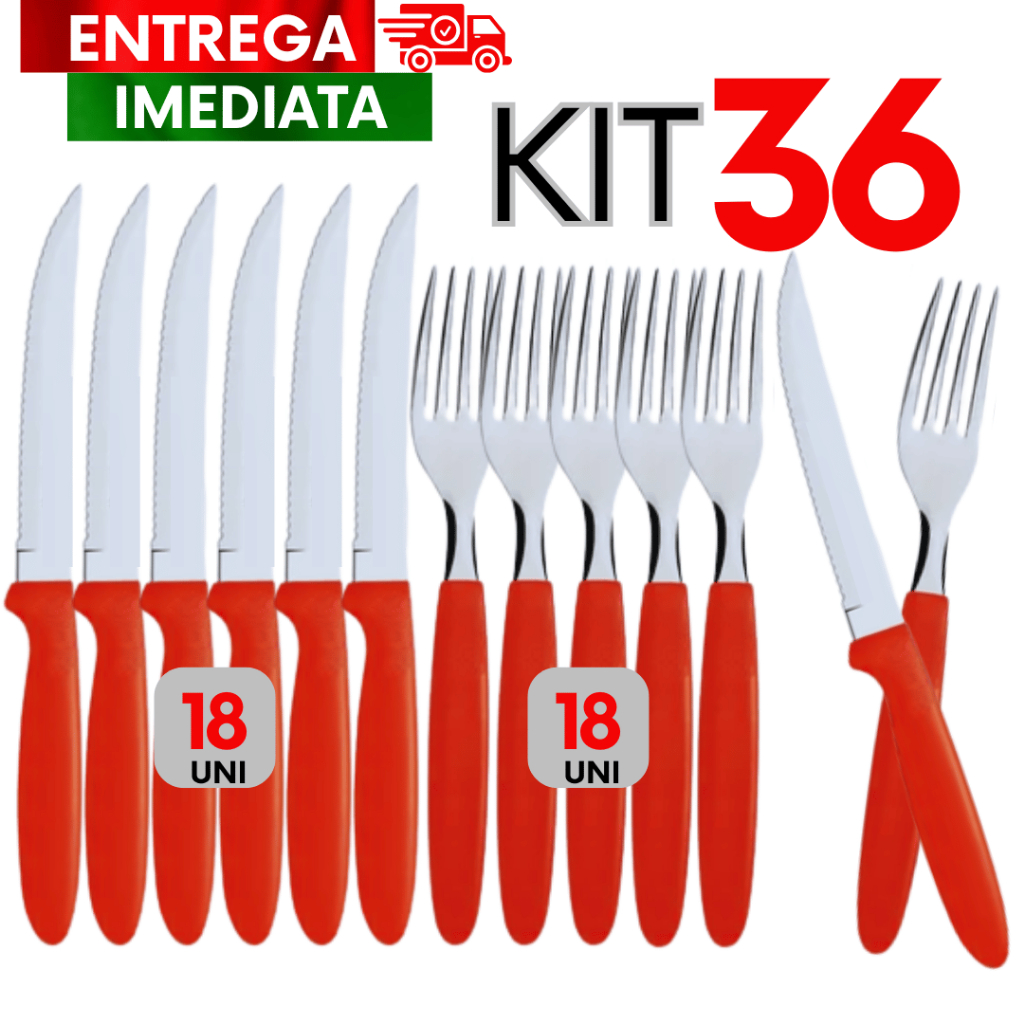 Kit 36 Utensílios de cozinha Inox 18 Garfos 18 Facas Premium Multiuso Linha Colorida Vermelho em Oferta na Shopee