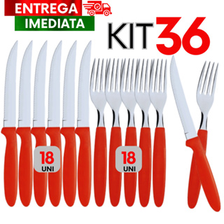 Kit 36 Utensílios de cozinha Inox 18 Garfos 18 Facas Premium Multiuso Linha Colorida Vermelho em Oferta na Shopee