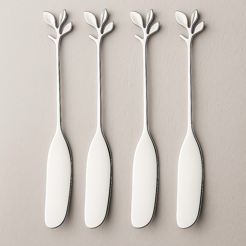Conjunto 4 Espátulas Luxo Aço Inox Prata Leaves Para Pastas Manteiga Geleias Original Wolff