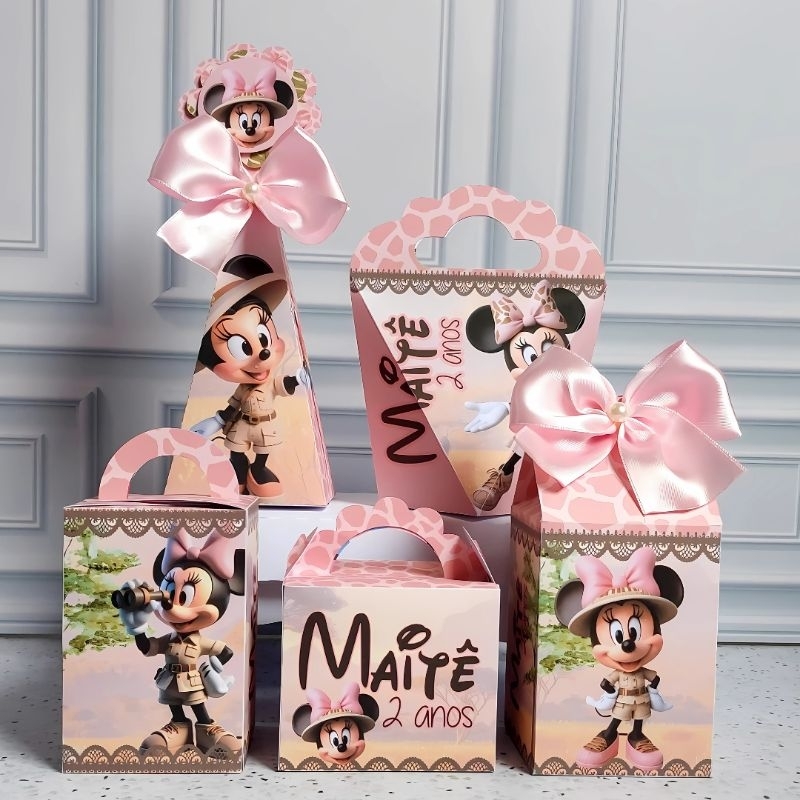 PEGUE E MONTE|Kit Festa Personalizado|MINNIE SAFARI| Caixinhas Lembrancinha para Aniversário