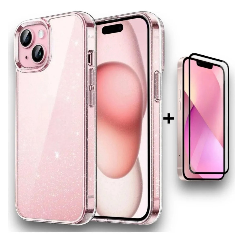 Capinha Capa Case Para iPhone  Transparente Com Gliter + Película 3D Brilho Purpurina 11 ao 16 Pro