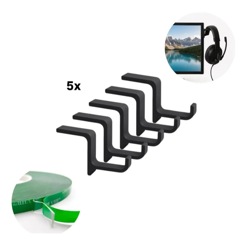 Kit 5x Suporte Gancho Fone Headset Monitor Setup Com Fita 3m