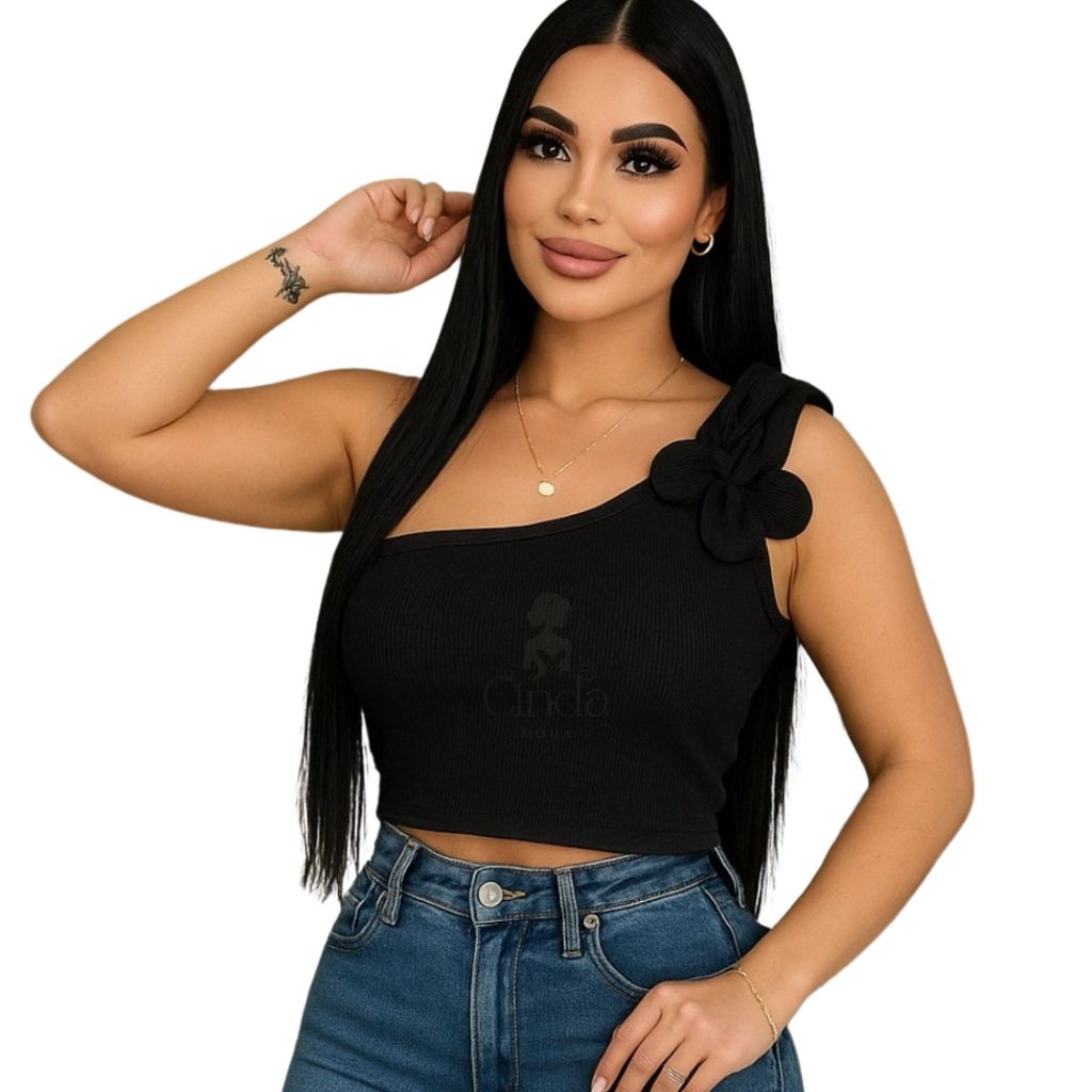 Cropped/ Top Básico Um Ombro  Flor estiloso Tecido Canelado  Malha Premium 2025