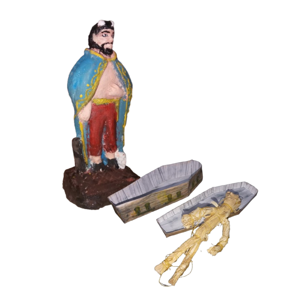 Imagem Exu Tranca Rua das Almas com Caixão e Boneco de Vodu Quimbanda Ritual Magia