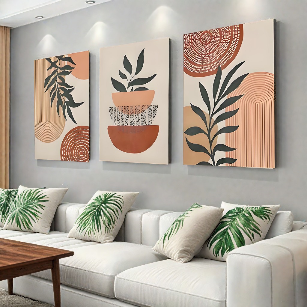 Kit 3 Quadros Decorativos Quarto e Sala 40×60 Planta Tropical – Linhas Geométricas Folhas Moderno