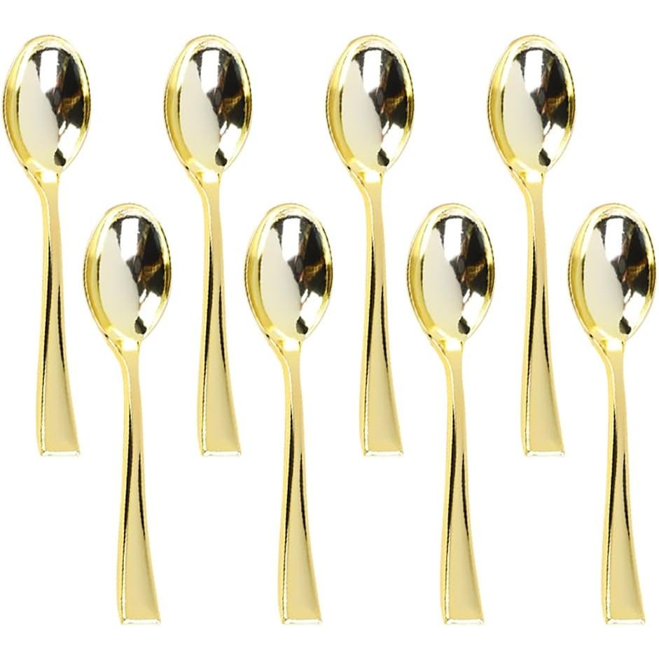 200/300 peças de mini colheres descartáveis de plástico douradas, colheres resistentes para sobremesas em Oferta na Shopee