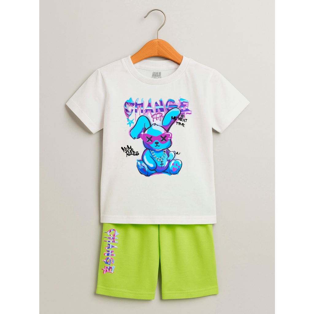 Conjunto Camisa e Bermuda Menino e Menina 100% Algodão Coelho Change Infantil e Juvenil