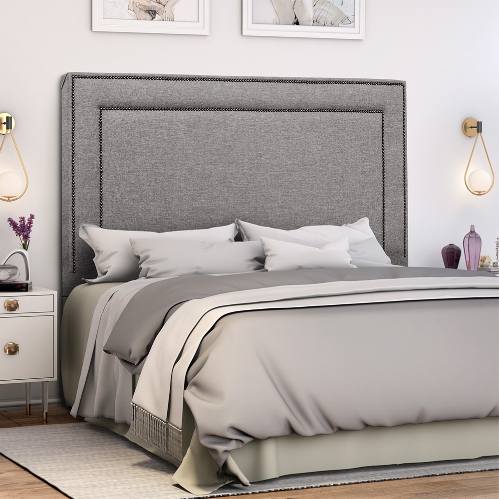 Cabeceira Cama Casal Padrão/Queen Estofada de Linho Tachinhas Metal Madri Fixação Box -  LH Móveis