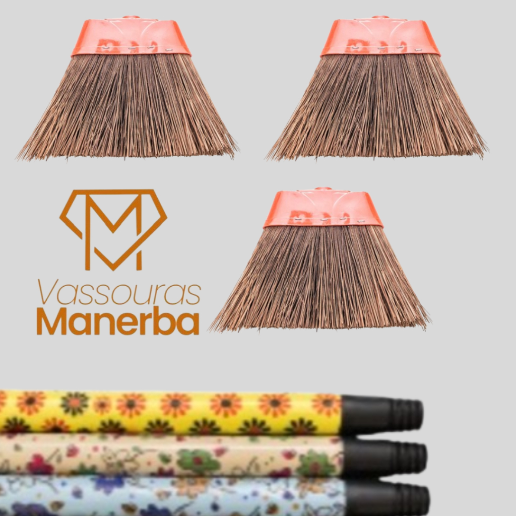 KIT COM 3 VASSOURAS PIAÇAVA OM CABO DECORADO