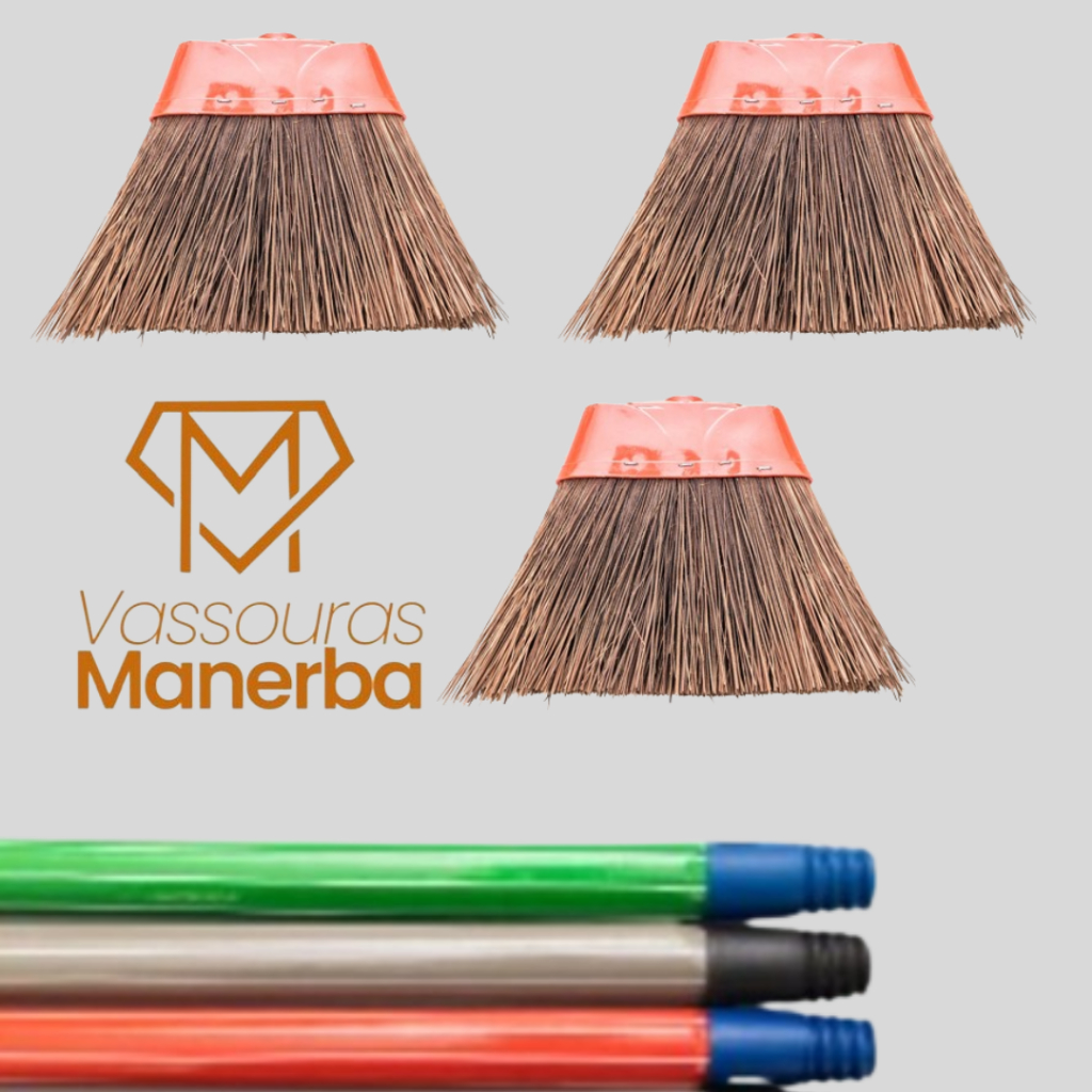 KIT COM 3 VASSOURAS PIAÇAVA COM CABO LISTRADO