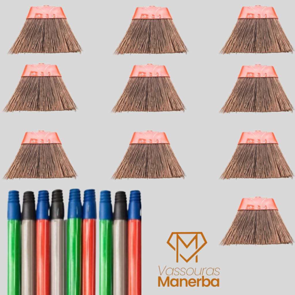 KIT COM 10 VASSOURAS PIAÇAVA COM CABO LISTRADO