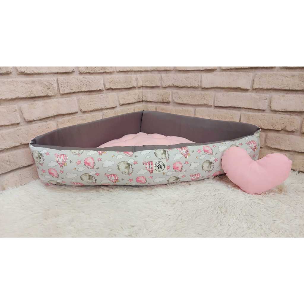 Cama Pet Rosa Para Caes e Gatos De Canto Rosa Cinza Desenho Balão Mini Almofada Coração